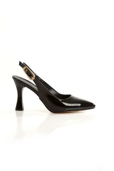 Ayakkabı Podyumum '' Azura'' Black Patent Leather Pointed Toe Back Open Big Buckle 9 cm Goblet Heel New Season
