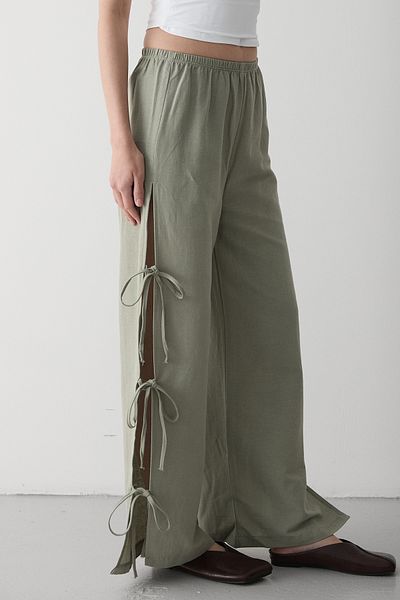 Laluvia Khaki 100% Cotton Side Slit and Tie Detailed Trousers - 3528