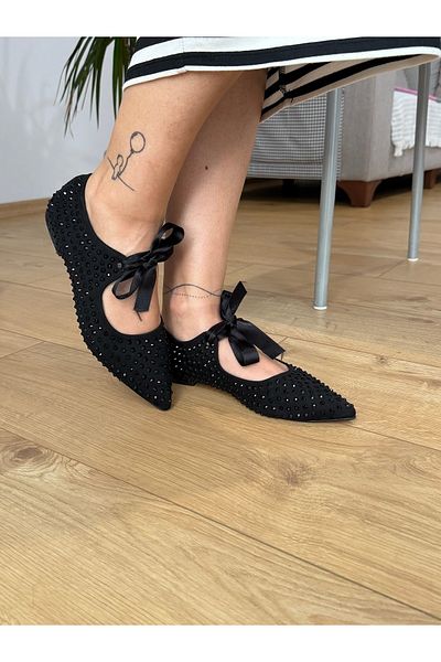 BURCU COLLECTİON Faylinn Black Women's Flat Shoes with Pointed Toe Black Staple Stone Embroidered Bow Detail