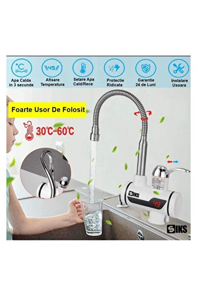 SIKS Robinet electric instant pentru apă caldă, afișaj digital, țeavă flexibilă, putere 3000W, până la 60°C