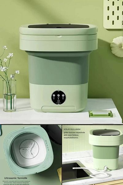 Maridet Folding Mini Washing Machine Portable Retro Silicone Socks Underwear Washer 10 Lt - Green