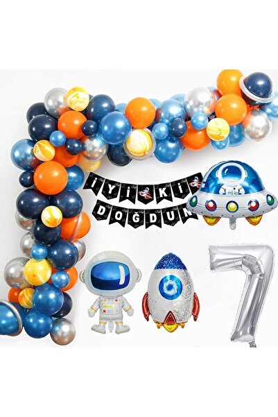 Patladı Gitti Uzay Temalı Doğum Günü Seti 7 Yaş; 4 Adet Folyo, 56 Lateks Balo...
