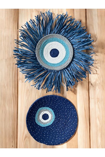 Evil Eye Bead Handmade 2-Piece Wicker Wall Plate Set- Navy Blue