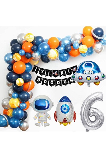 Patladı Gitti Uzay Temalı Doğum Günü Seti 6 Yaş; 4 Adet Folyo, 56 Lateks Balo...