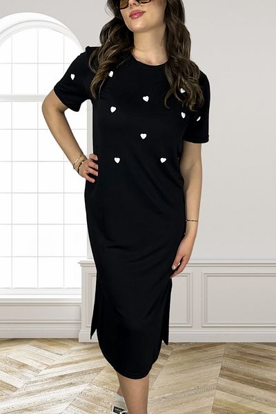 mefru Women's Heart Detailed Modal Fabric Short Sleeve Slit Long Dress