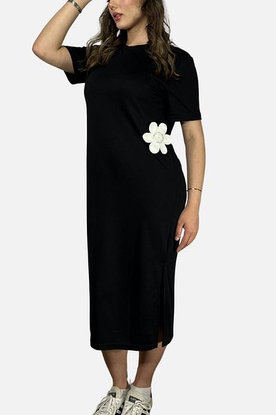 mefru Women Waist Flower Detail Modal Fabric Short Sleeve Slit Long Dress