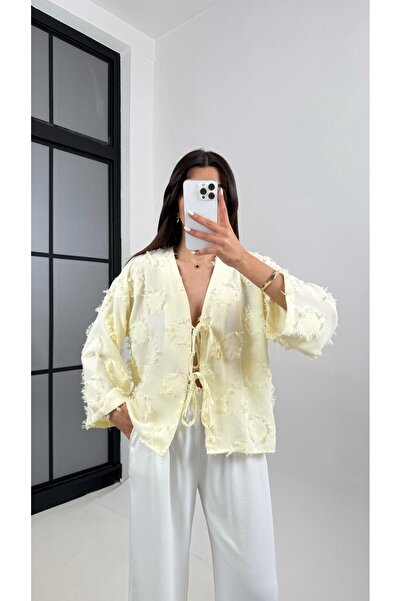 Lusin Women's Lemon Yellow Tassel Detailed Tie-Up Premium Linen Shirt
