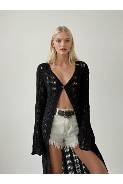 Lusin Γυναικεία Μαύρη Πλεκτή Ζακέτα με Κουμπιά Ισπανική Μακριά Πλεκτή Ζακέτα