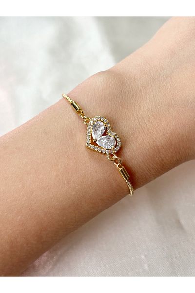 Eylülün Takısı Women's Gold Color Nested Stone Heart Bracelet