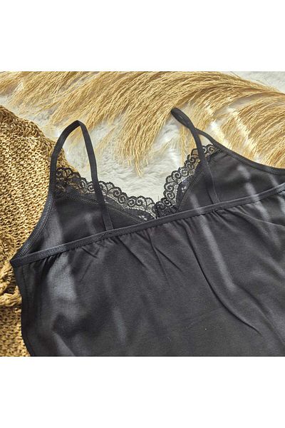 HS İÇ GİYİM Black Rope Strap V-Neck Lace Cotton Women's Undershirt