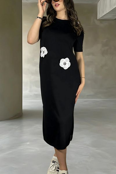 mefru Rochie lungă cu mânecă scurtă din țesătură modal cu talie florală pentru femei
