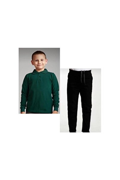 BAGİSTA BUTİK Girl-Boy Black Ribbed Waist Canvas Pants Dark Green Long Sleeve...