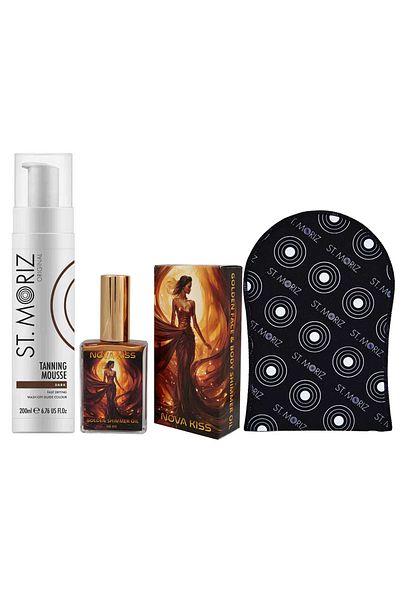 NOVA KISS Set autobronzant profesional premium cu spumă x 200 ml, ulei strălucitor Golden Pearl x 50 ml + mănușă