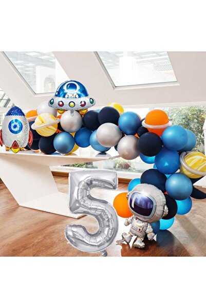 Patladı Gitti Space Themed Birthday Set 5 Years Old; 4 Foil, 56 Latex Balloons, Banner, Balloon Chain, Balloon Tape