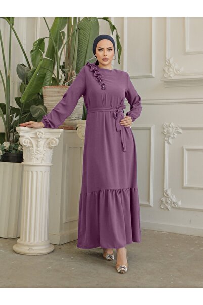 HİJABAYA Frill Stone Detailed Piece Skirted Belt Ayrobin Dress