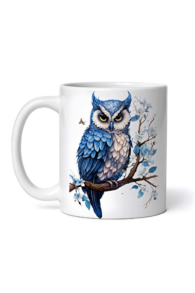 OEM Cană albă personalizată, Bufniță Albastră cu flori albastre, INOVATIX®. 330ml