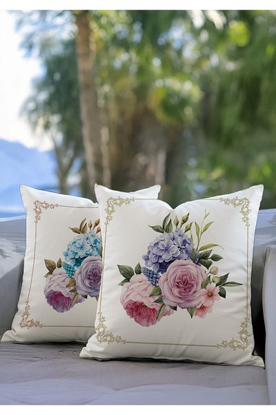 Pillow Home White Background Pink Purple Flower Patterned Digital Printed Decorative 4-Piece Throw Pillow Cover Set