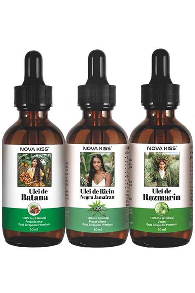 NOVA KISS ® Batana, Set cu Rozmarin și Ulei de Ricin, 100% Natural, Premium pentru Creșterea Părului, 3 x 60 ml