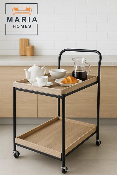 MARIA HOMES Rustic 2-Tier Serving Trolley – Light Oak Wood Bar Cart with Black Metal Frame and Rolling Wheels