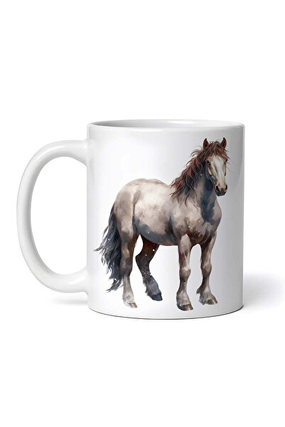 OEM Cană albă personalizată, Cal alb cu coamă maro, INOVATIX®. 330ml