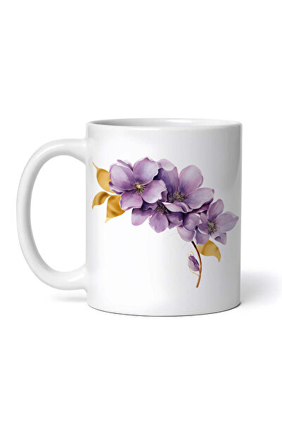 OEM Cană albă personalizată, crenguță aurie cu flori mov, INOVATIX®. 330ml