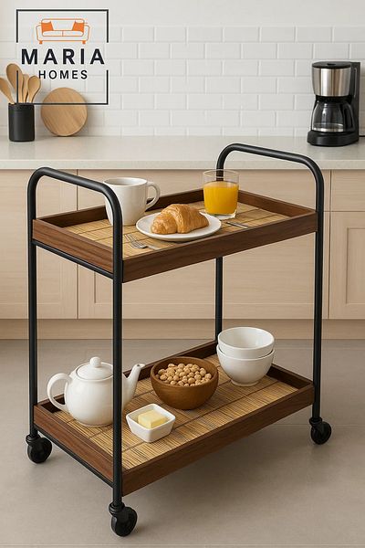 MARIA HOMES Style Rattan Bar Cart – 2-Tier Serving Trolley with Black Frame and Natural Wood Shelf Accents