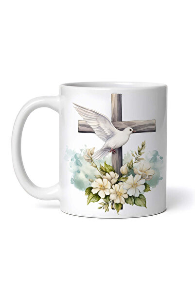 OEM Personalized white mug, Cross with flowers and white dove, INOVATIX®. 330ml