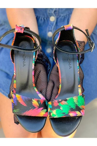 irmona Eliza Flower Patterned Leather Strap Heel Shoes Sandals