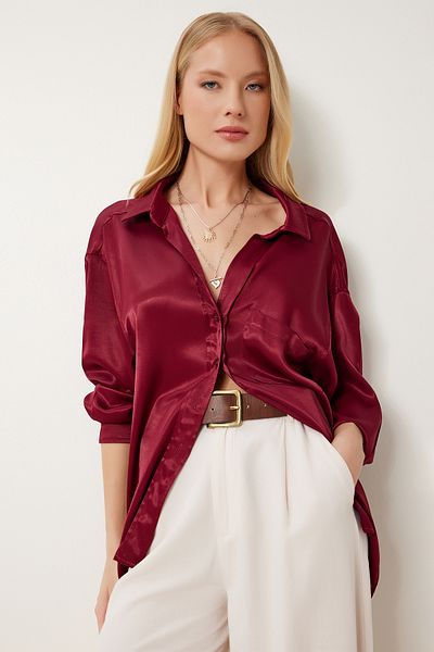 Lovelyİstanbul Cămașă oversize din țesătură din satin ROȘU Claret LNS0026