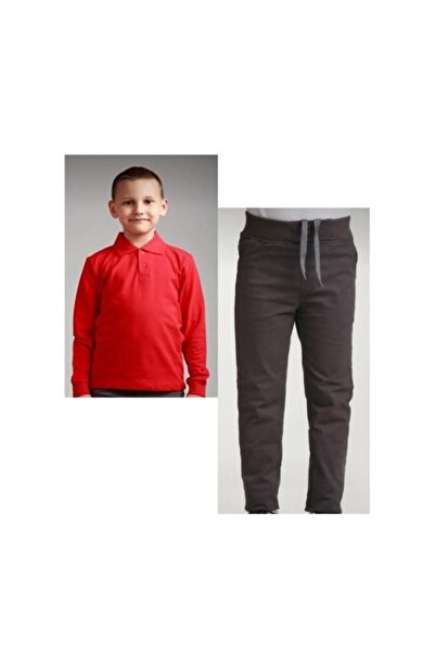 BAGİSTA BUTİK بنطلون بناتي ولادي بخصر مضلع مدخن، قماش أحمر، أكمام طويلة، ياقة...