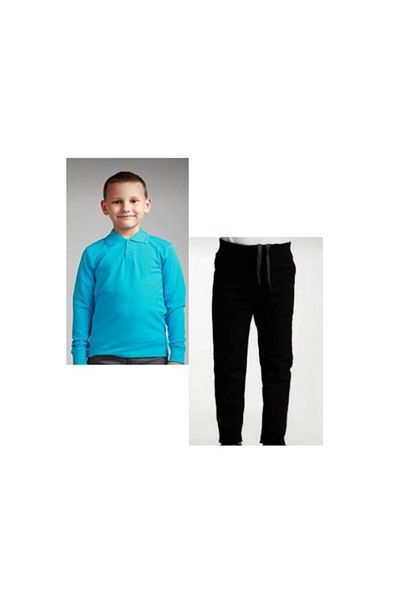 BAGİSTA BUTİK Girl-Boy Black Ribbed Waist Canvas Pants Turquoise Long Sleeve Collar 100% Cotton