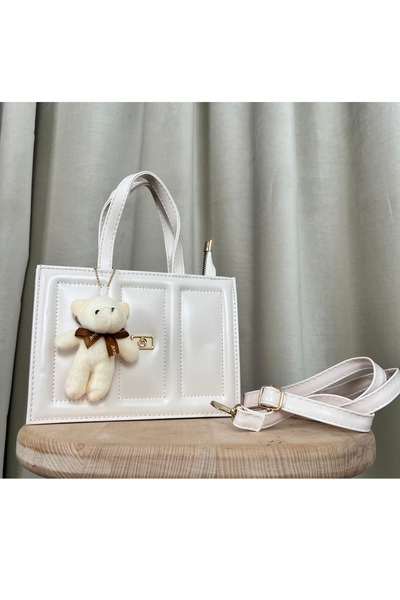 bykus Taş Çizgi Detaylı Ayıcık Maskotlu El Omuz Çantası