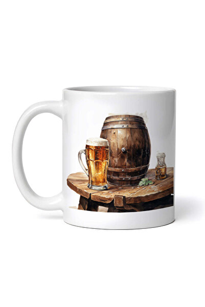 OEM Cană albă personalizată, butoi de bere pe masă de lemn, INOVATIX®. 330ml