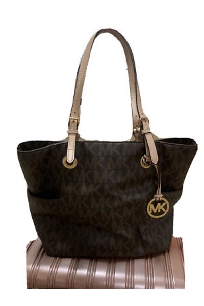 Michael Kors MICHAEL KORS Women's Jet Set Item MK Signature Tote Bag Brown Gold