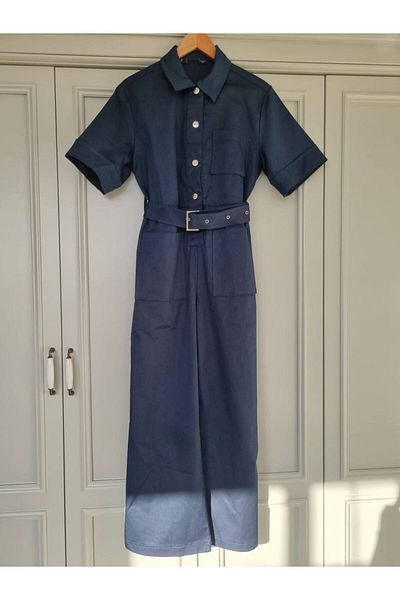 Butik Navy Blue Front Pocket Detailed Short Sleeve Polo Collar Belted Jumpsuit