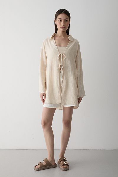 Laluvia Steinfarbene Kimono-Bluse aus 100 % Leinen mit Spitzendetail