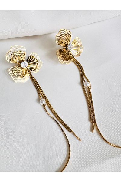 DEVİ fashion Steel Filigree Dangle Flower Earrings 10 cm