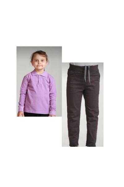 BAGİSTA BUTİK Girl-Boy Children's Smoked Ribban Waist Canvas Pants Light Blue Long Sleeve Polo Collar 100% Cotton Lakos