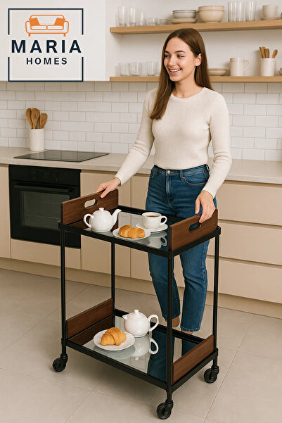 MARIA HOMES Modern Mirror Bar Cart – 2-tier Serving Trolley With Wood Accents And Black Metal Frame On Wheels