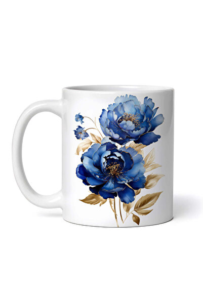 OEM Cană albă personalizată, bujori albaștri înfloriți, INOVATIX®. 330ml