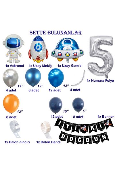 Patladı Gitti Space Themed Birthday Set 5 Years Old; 4 Foil, 56 Latex Balloons, Banner, Balloon Chain, Balloon Tape