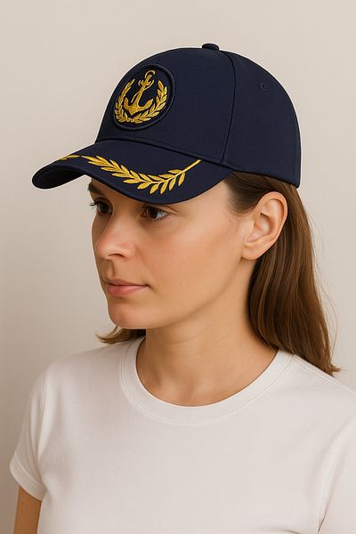 CosmoOutlet Women's Gold Color Embroidered Adjustable Classic Model Navy Blue Sailor Hat