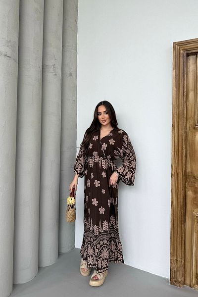 Mezka Кафява рокля с дълъг ръкав с флорален мотив