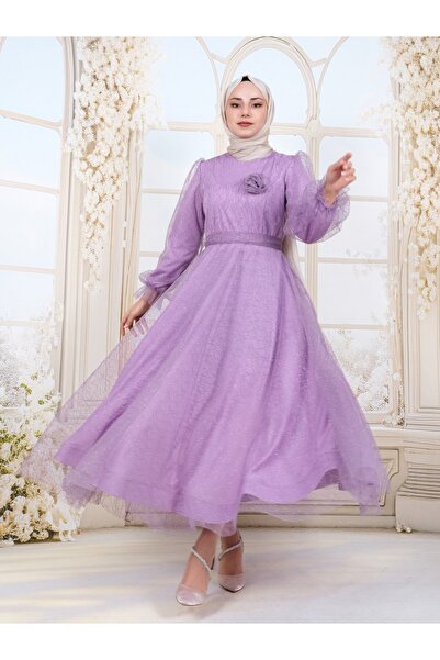 HİJABAYA Kolu Lastikli Kuşaklı Simli Kabarık Tül Abiye