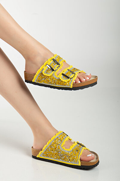 Reyonda ayakkabı Kadın Doğal Taşlı Sarı Kot Çift Tokalı Deniz Taşlı Ortopedik Terlik