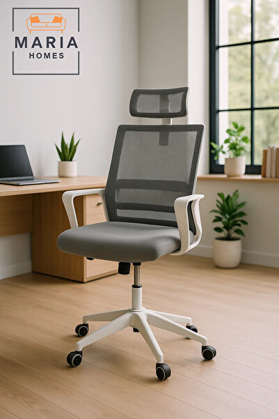 MARIA HOMES White Grey Mesh Office Chair with Headrest and Adjustable Height – Stylish Seating for Any Space