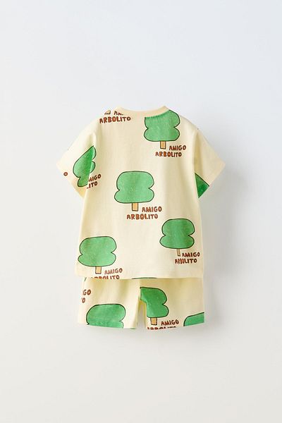 Magu Unisex Children's Cotton Yellow Tree Patterned T-Shirt and Shorts Set – Summer Set of 2