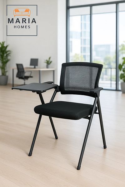 MARIA HOMES Black Training Chair with Foldable Writing Pad and Mesh Back – Stackable Design
