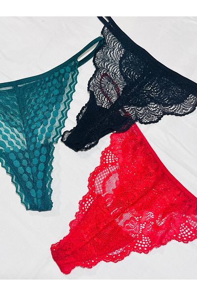 mendoza store Black Red Petrol Green Color Back Drawstring Panties 3 Pack