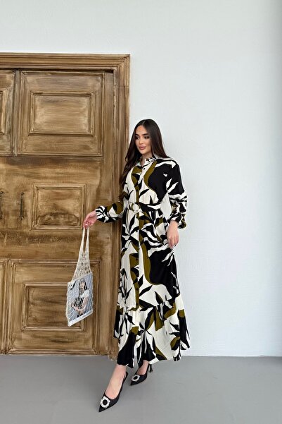 Mezka Women's Black Khaki Patterned Long Sleeve, Belted, Long Viscose Shirt D...